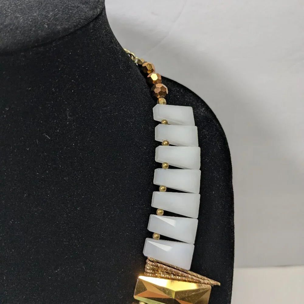 Nakamol Asymmetrical Bib Statement Necklace Gold Tone White Beaded Avant Garde